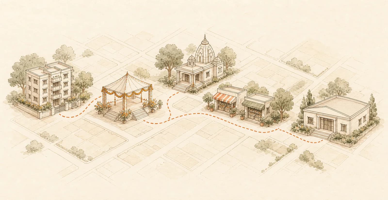 Illustrated neighborhood landmarks connected by a community route